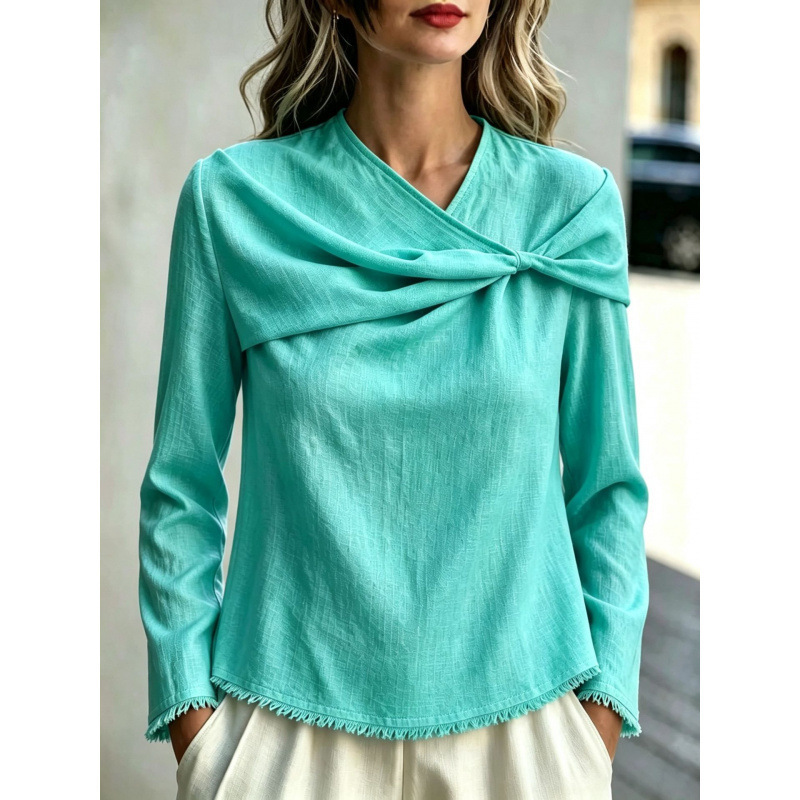 2026 new European and American style Amazon cross-border fashion women's solid color swing-neck long-sleeve loose casual shirt 2026 new European and American style Amazon cross-border fashion women's solid color swing-neck long-sleeve loose casual shirt