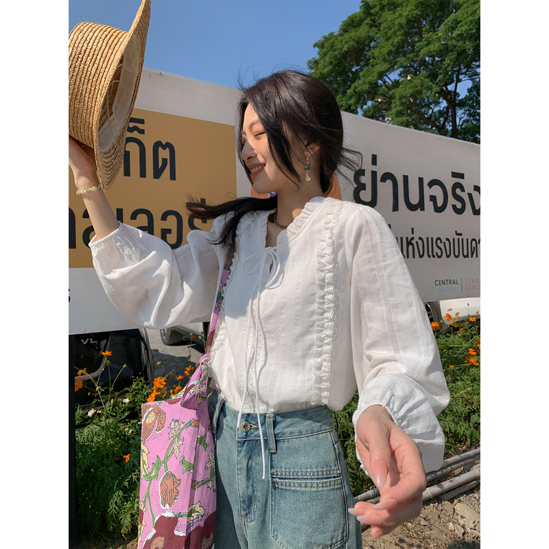 Sisilyon 南法秋日~法式系带花边领白衬衫女小个子别致温柔风衬衣|undefined