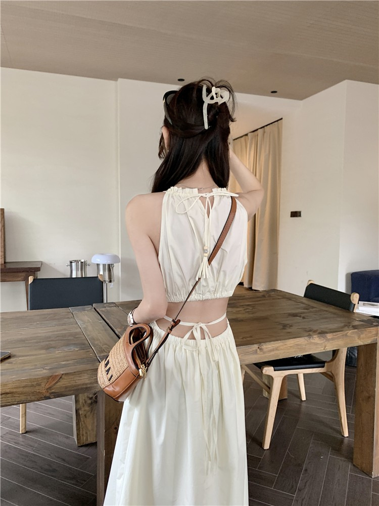 French-style Hollow-out Open-waist Halter Dress Women's Summer Lace-up Waist Slimming Vacation-style Seaside Tassel Long Dress