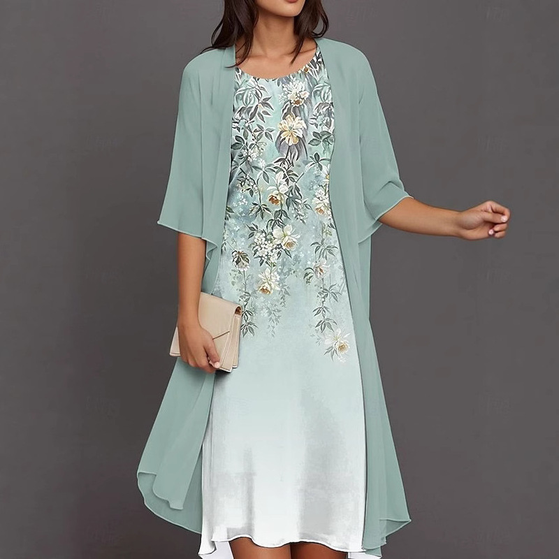 323866 Cross-Border New Amazon Style Mother's Wear Two-Piece Gradient Printed Dress Suit Ready for Sale