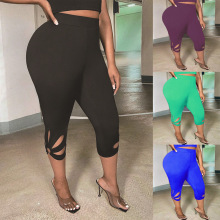 跨境热卖 亚马逊欧美女士纯色镂空大码裤 运动瑜伽打底裤现货