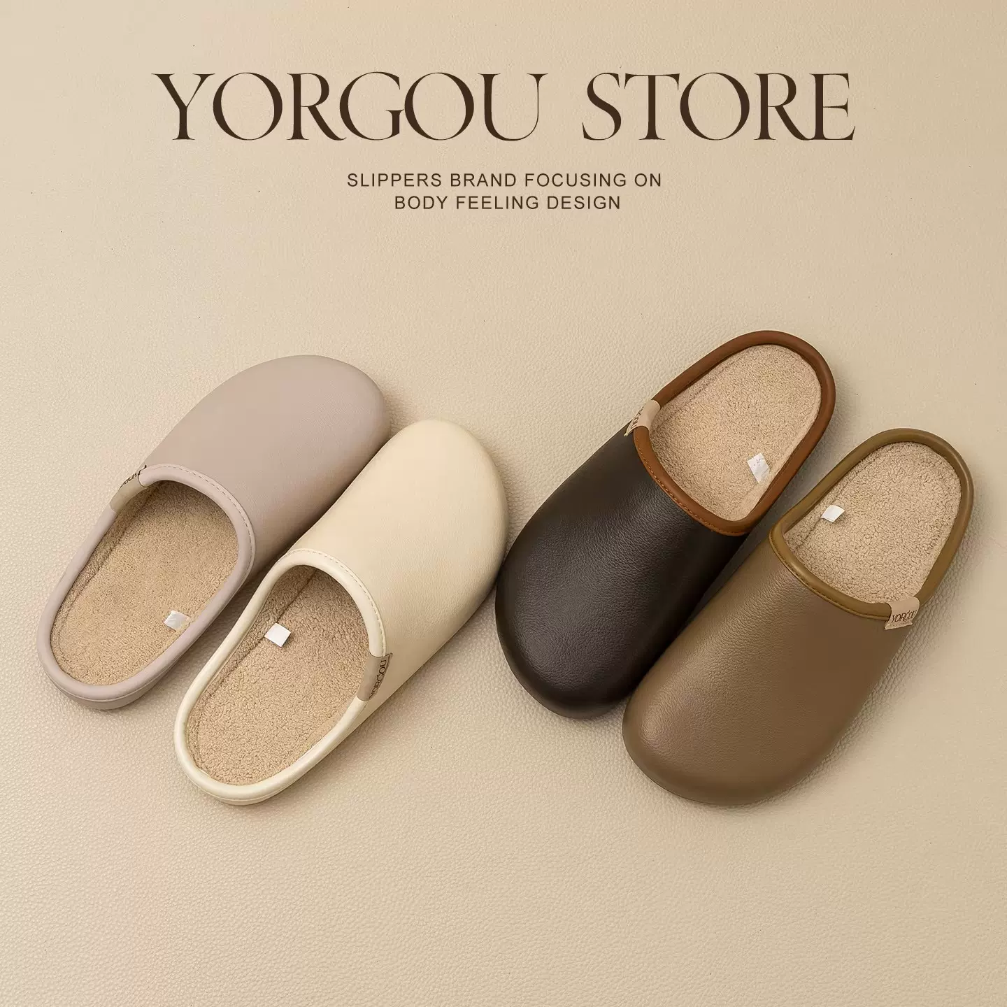 远港男士高级感皮纹防水棉拖鞋秋冬季居家防滑室内保暖加绒拖鞋女