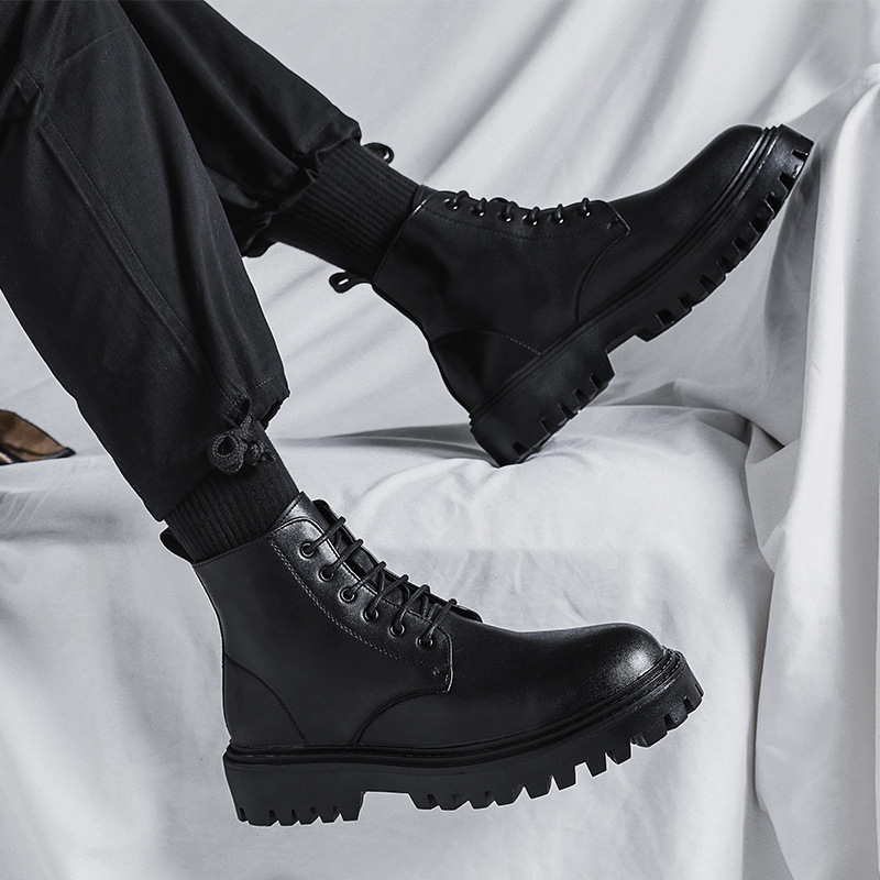Popular online celebrity Martin boots men's high-top trendy spring and autumn British style retro mid-top leather shoes increased black leather boots Popular online celebrity Martin boots men's high-top trendy spring and autumn British style retro mid-top leather shoes increased black leather boots