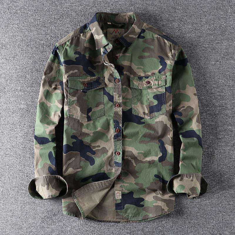 American-Style Washed Camouflage Workwear Long-Sleeve Shirt for Men with a Unique Design, Double Pockets, Versatile Casual Military Youth Top