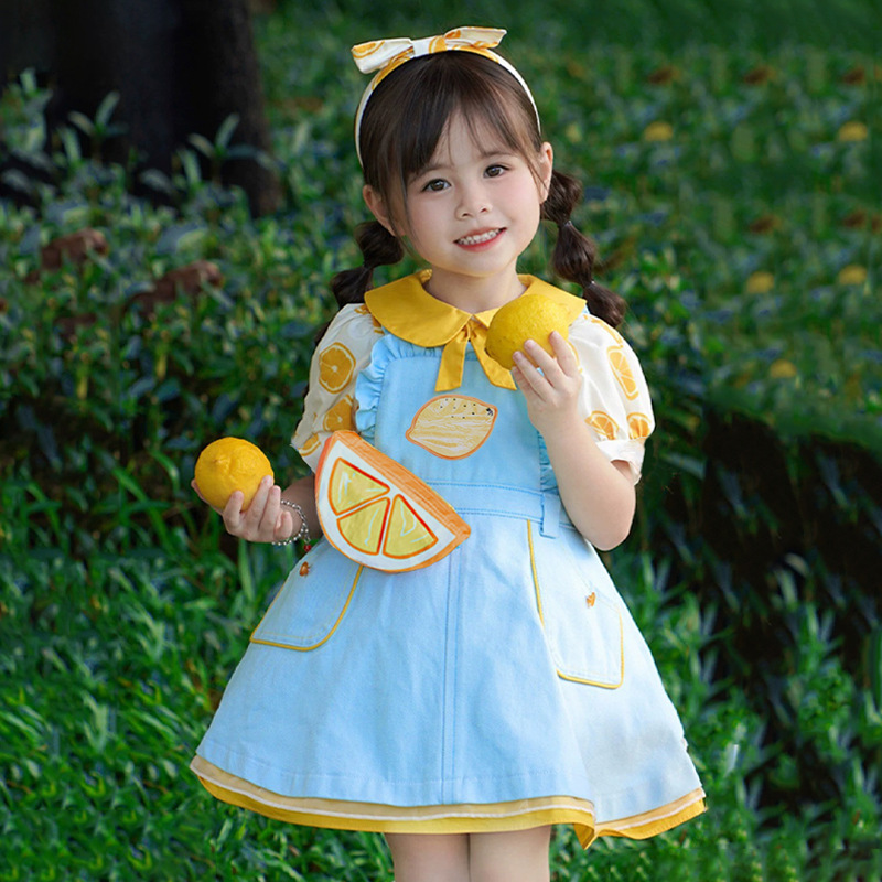 여름과 가을 작은 레몬 셔츠 서스펜더 스커트 공주 원피스 어린이 의류 새로운 스타일의 긴 소매 세트 가을과 겨울 내부 칼라