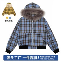 2025秋季新款美式复古格子毛领连帽外套女宽松慵懒短款拉链上衣