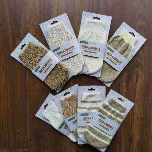 En stock Cáñamo guantes de baño Toalla de baño frotar mochila guantes de lavado de dedos cepillo de baño cubierta de barro frotar Toalla de la espalda