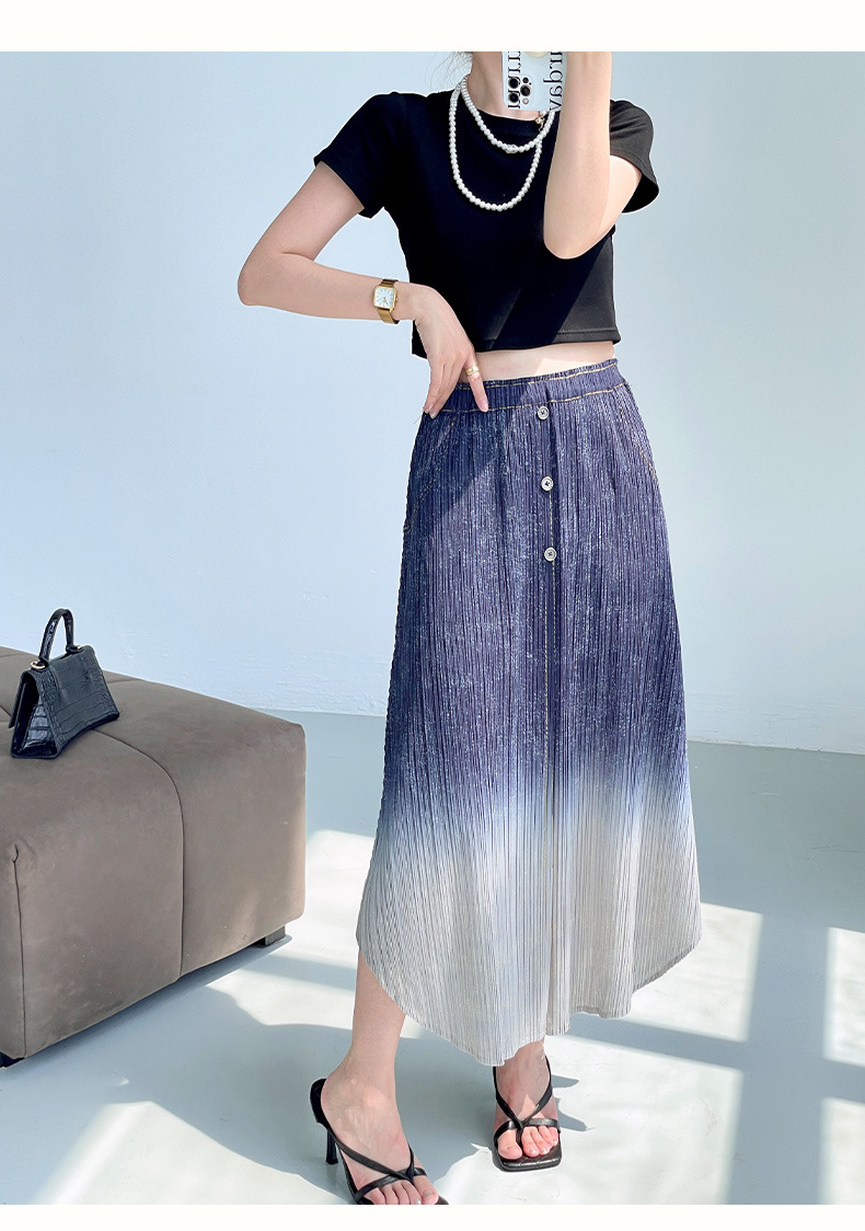 Chân váy xếp ly nữ cạp cao denim phối màu thời trang hè — Màu xanh lam chi tiết 7