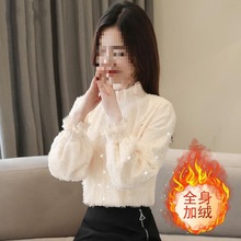 年新款潮雪纺衬衫植绒上衣洋气蕾丝加绒加厚打底衫女装秋冬装