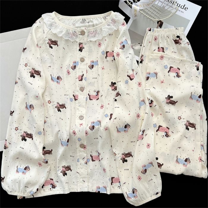 Red de celebridades de la red nuevo estilo nube algodón lindo oso traje pijamas mujeres otoño rebeca de manga larga cuello redondo ropa de hogar de encaje casual