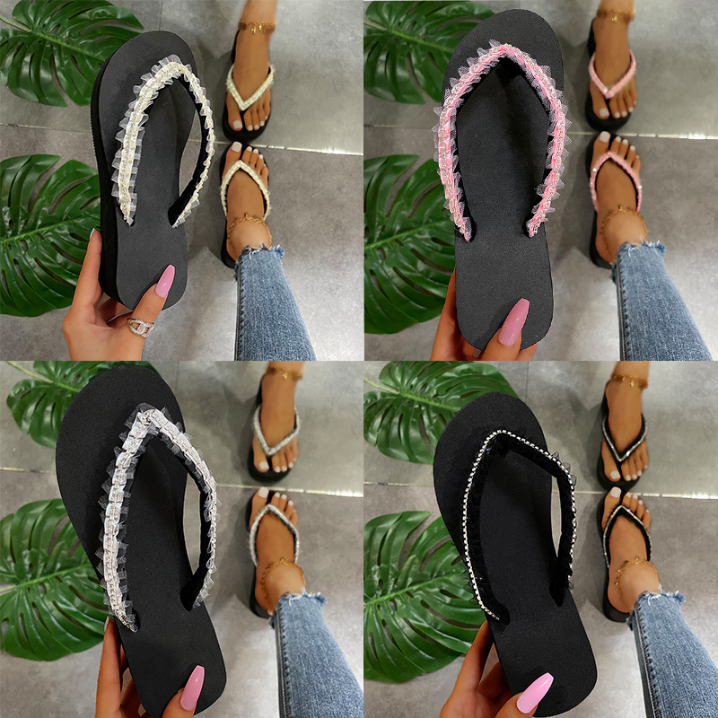 Rhinestones Open-Toed Flat Flip Flops NSKJX104848