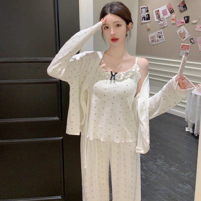 蝴蝶结韩系海岛绒吊带背心波点开衫三件套家居服|undefined