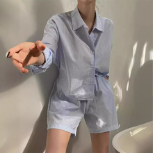 韩国moc*bling官网同款简约时尚浅蓝色条纹翻领衬衫+松紧短裤套装