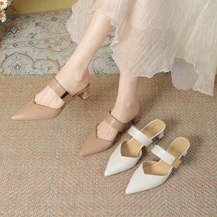 French Style Elegant Baotou Sandals Women's Summer Outer Wear 2025 New Fashionable All-match Simple Thick Heel Pointed High Heels