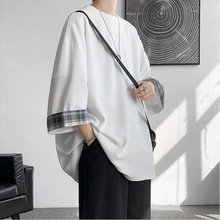 夏季潮牌七分袖T恤男格子拼接设计感小领口潮流百搭半截袖体恤潮