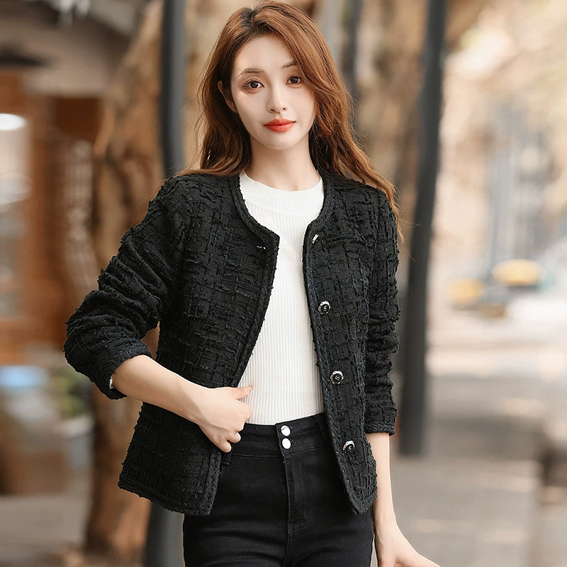 Черная осенняя короткая модная куртка, высокого качества, стиль Chanel, западный шик, круглый воротник