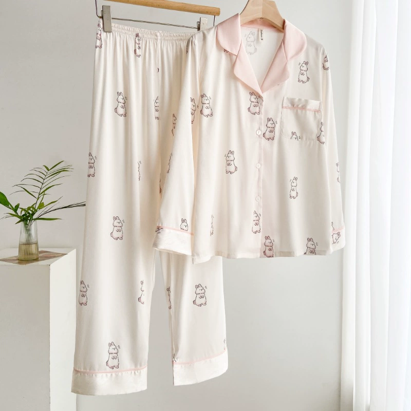 Милые милые пижамы, женские жаккардовые брюки из ледяного шелка с кроликом, весенне-осенние тонкие брюки с длинным рукавом, Высококачественная домашняя одежда