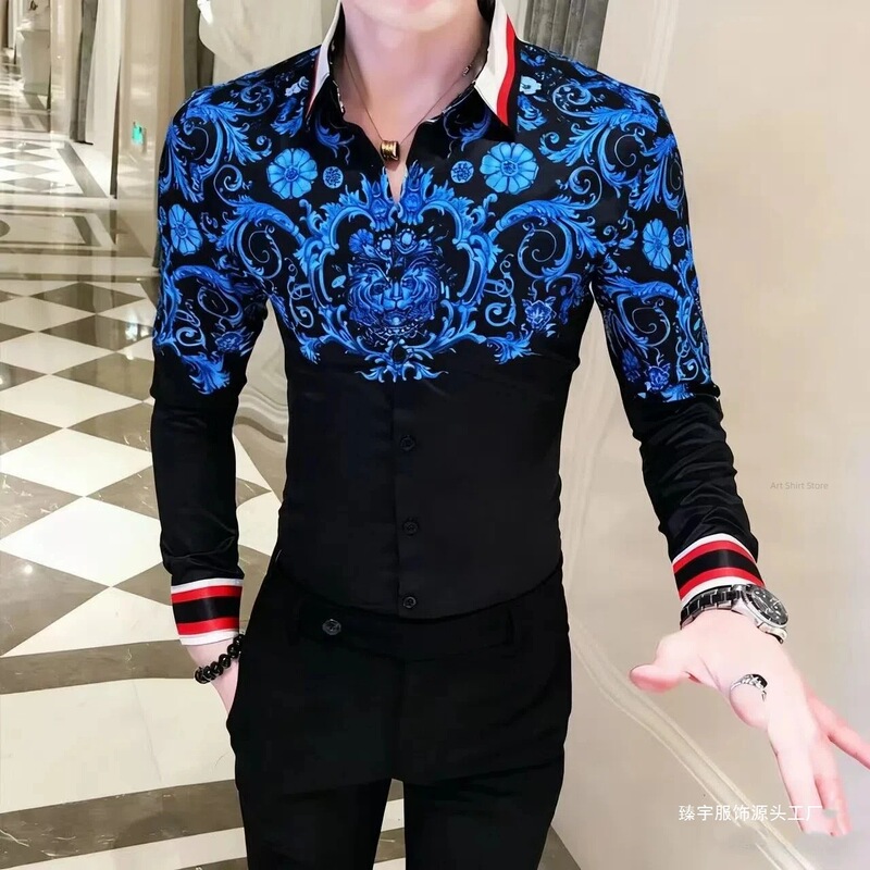 Long-Sleeved Shirt with Vintage Print, Fashionable and Luxurious, with Gold Buttons, Suitable for Men's Parties, 2025 Tops in Stock Long-Sleeved Shirt with Vintage Print, Fashionable and Luxurious, with Gold Buttons, Suitable for Men's Parties, 2025 Tops in Stock