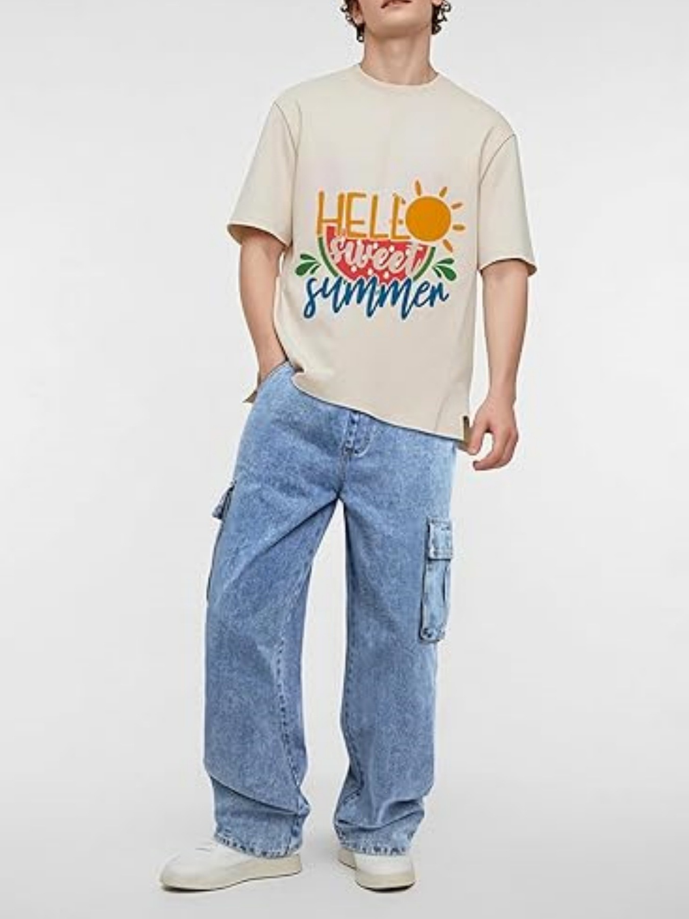 High Street Style Men's Cargo Jeans Multi Pocket Loose Fit Wide Leg Floor Length Drawstring Pants_mkmklike.com