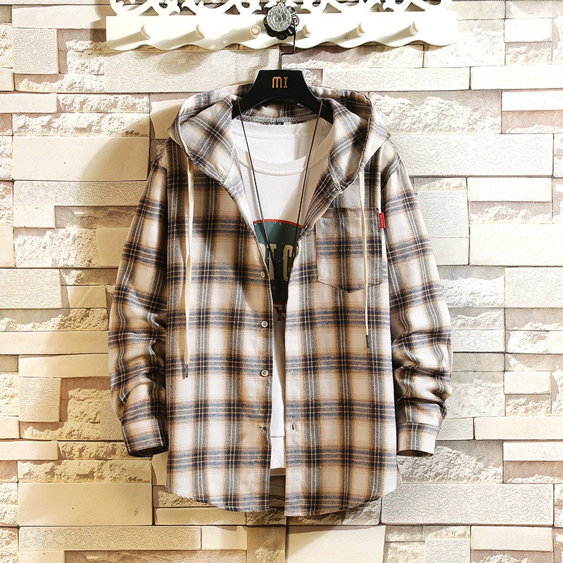 Японские новые мужские свободные клетчатые рубашки с длинными рукавами с капюшоном