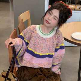 女童毛衣2026秋季新款韩版洋气彩虹色休闲针织毛衣中大童长袖上衣
