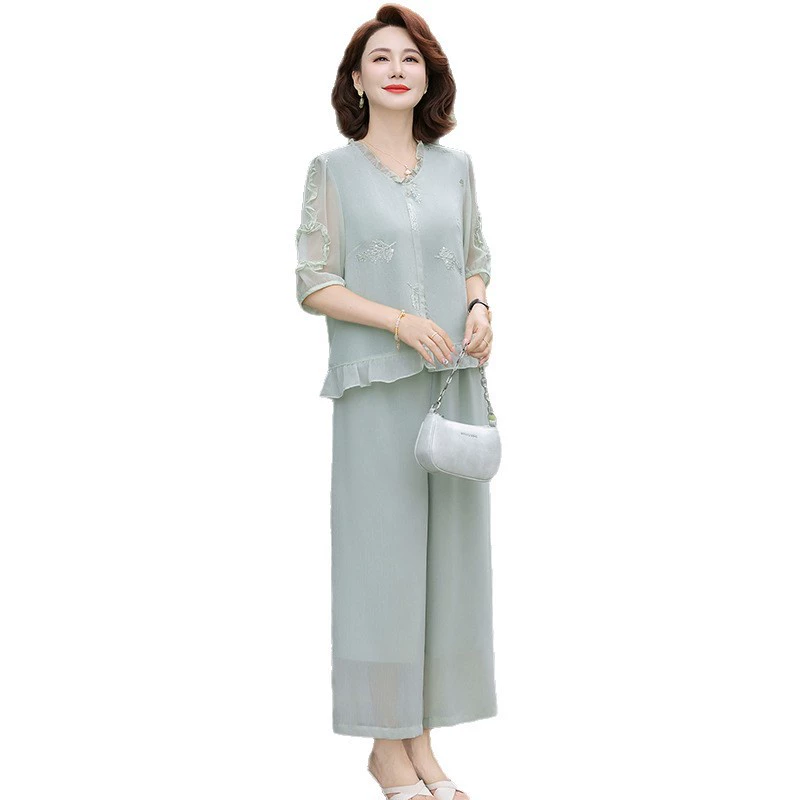 Мамин весенне-летний тонкий модный новый комплект из двух предметов в китайском стиле, элегантные модные топы и брюки для женщин среднего возраста