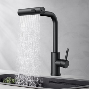 Cross-Border 304 Stainless Steel Kitchen Black Pull-Out Faucet Waterfall Hot and Cold Water Sink Faucet