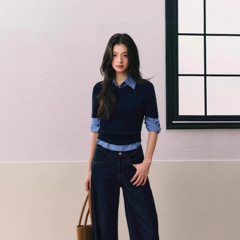 Original Design Summer New Round Neck Long-sleeved Slim-fit Sweater Blue with Plaid Shirt for Women