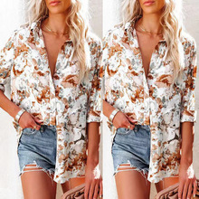 跨境欧美秋季大码印花开衫雪纺衬衫女气质宽松印花翻领长袖衬衣女