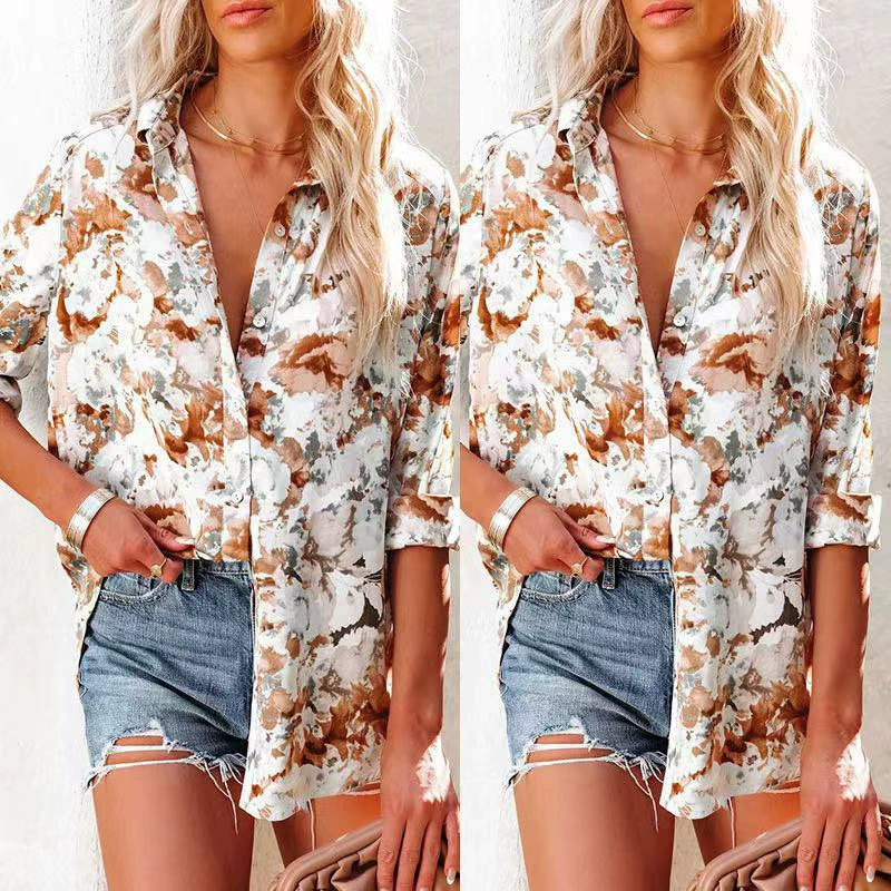 Трансграничная Европейская и американская Осенняя шифоновая рубашка-кардиган больших размеров с принтом Женская элегантная Свободная рубашка с длинным рукавом и лацканами с принтом Женская