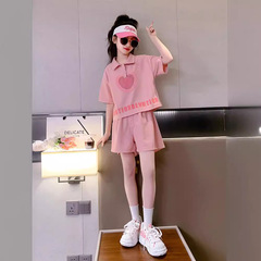 2024夏季套裝新款洋氣中大童polo領短袖上衣短褲兩件套女童套裝