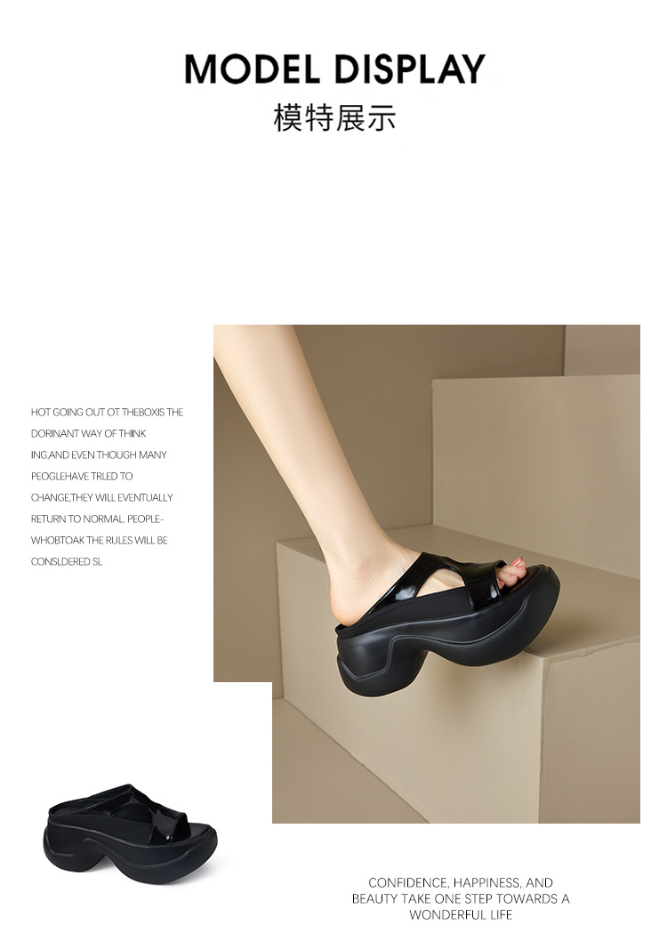 Dép xỏ ngón nữ đế dày da thật 8cm phong cách platform hở mũi — đen, bạc chi tiết 5