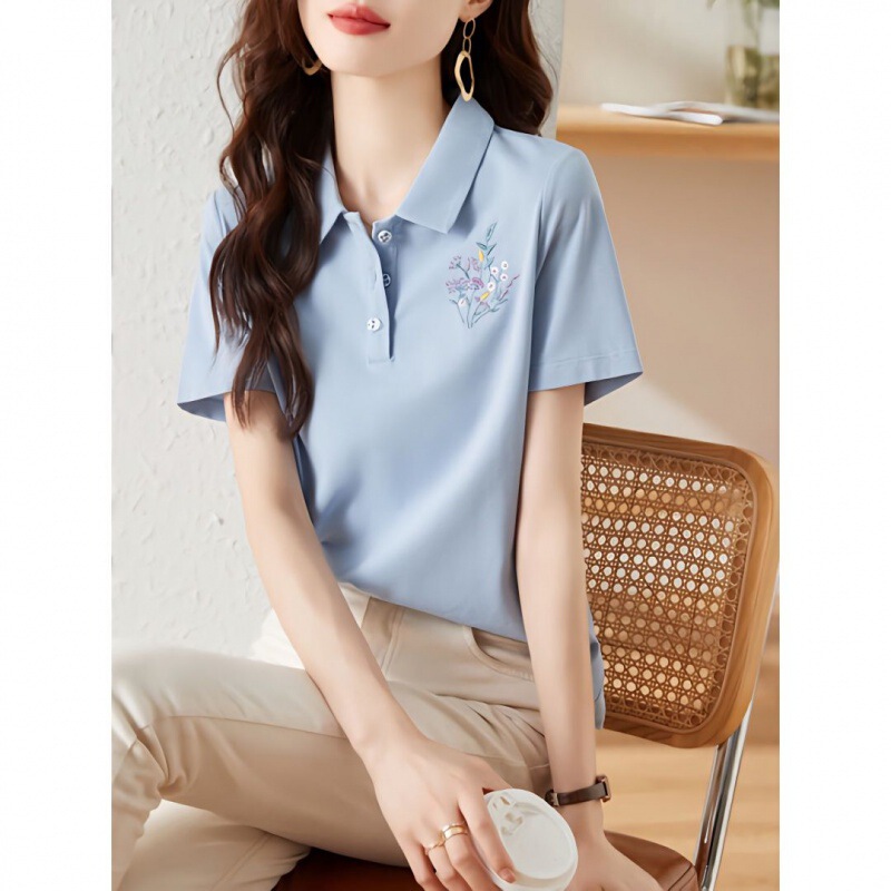 Foreign Trade Women's Clothing Last Order Brand Cut Label Women's Summer Fashion Embroidered POLO Collar Short-sleeved T-shirt Wholesale Export Trend