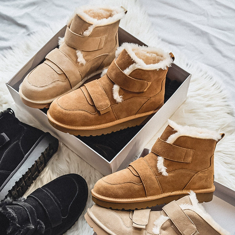 Зимние парные зимние сапоги, новые ботинки из толстого хлопка на флисовой подкладке, уличные универсальные хлопковые туфли в стиле ретро с круглым носком на липучке для мужчин и женщин