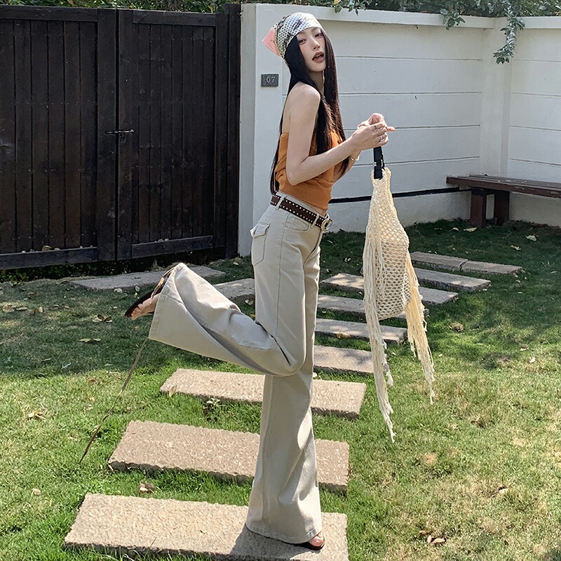 Old Money Style Latte Milk Tea Color Stretchy Flared Low-Waist Non-Tight Slimming Flared Long Jeans for Women