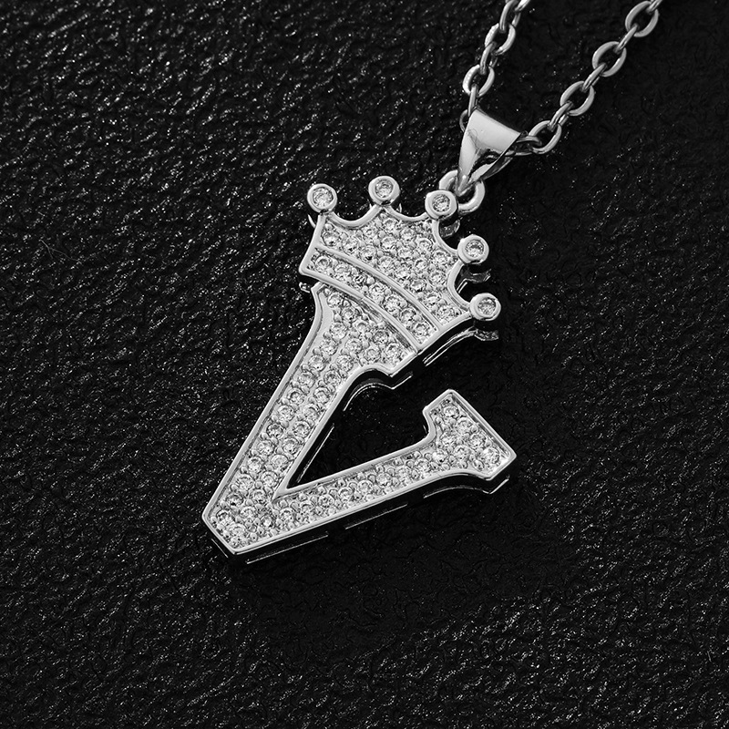 Wholesale Retro Letter Crown Stainless Steel Copper Zircon Pendant Necklace_colorza_5