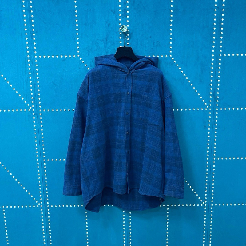 High-End Independent Ceiling Replacement Navy Plaid Flannel Hooded Shirt Jacket Loose High Weight Daily