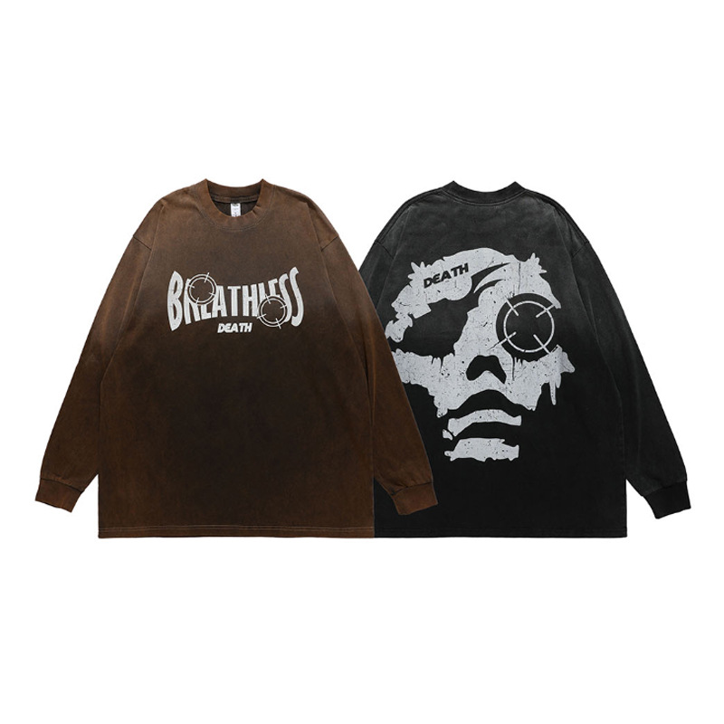 Herrenbekleidung Trendmarke High Street Retro Hängender Farbstoff Farbverlauf Waschen High Street Druck Lose Langarm T-Shirt Street Männer und Frauen_voghion.com