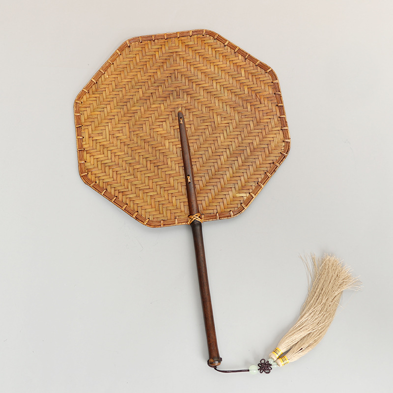 Ventilador tejido de bambú hecho a mano Ventilador tejido de bambú estilo retro chino ventilador tejido de bambú de pintura grande ventilador redondo engrosado Pu ventilador verde