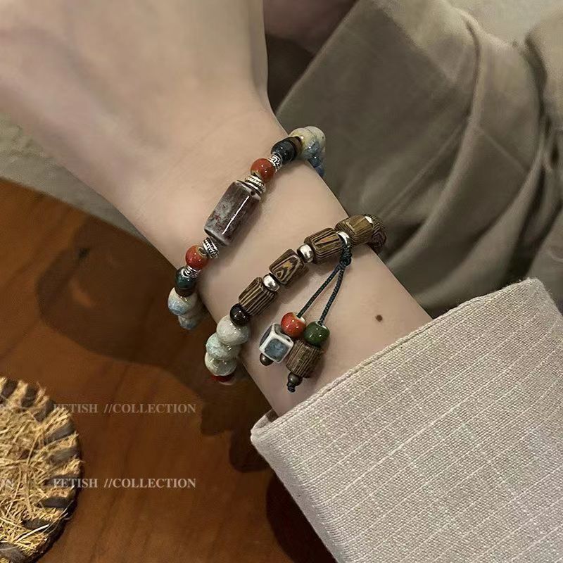 Bohemian Porcelain Bead Bracelet, Fashionable and Simple Style, New Chinese Style, Hand-Woven Exquisite Tassel Bead Bracelet