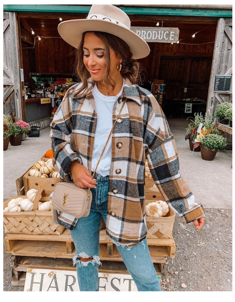 long-sleeved lapel loose plaid shirt mid-length jacket wholesales nihaostyle clothing NSXPF70316