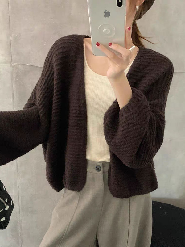韩系复古慵懒风纹理感灯笼袖短款针织开衫女秋冬小个子外套百搭|undefined