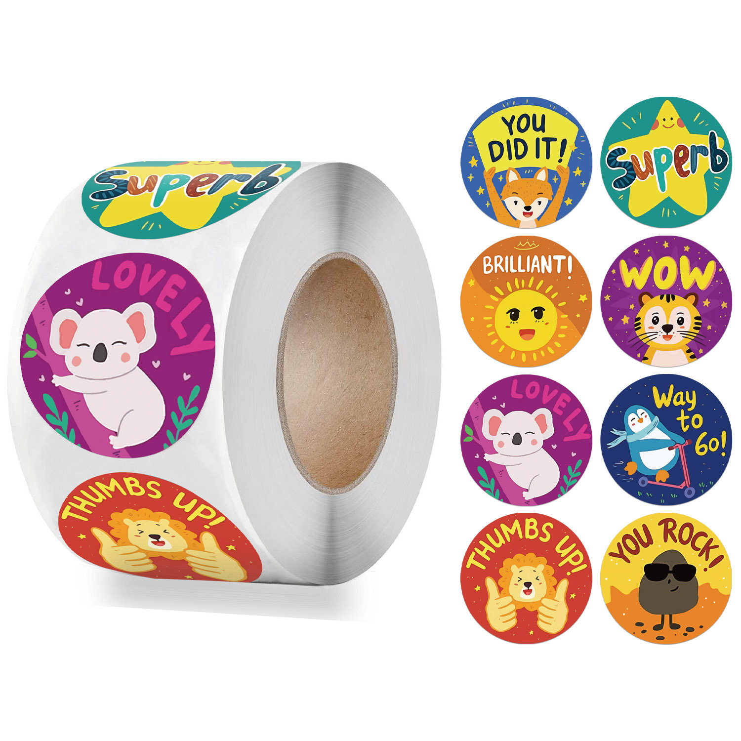 500个/卷 儿童玩具强贴动物感谢装饰不干胶贴纸标签  圆形2.5cm