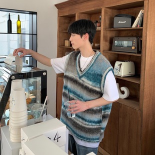 Spring and Autumn Niche Korean Style Lazy Retro Contrast Color Striped Sleeveless Knitted Vest Loose V-Neck Sweater Vest