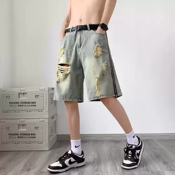 American Retro Side Zip Distressed Denim Shorts for Men - Loose Wide Leg Knee Length Summer High Street Fashion