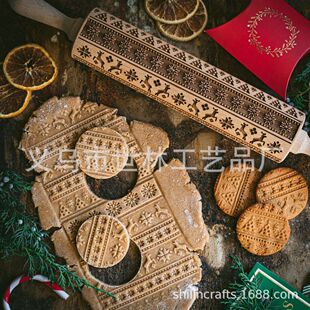 Cross-Border Wooden Christmas Printed Rolling Pin Carved Embossed Cookies Christmas Rolling Pin Reindeer Snowflake