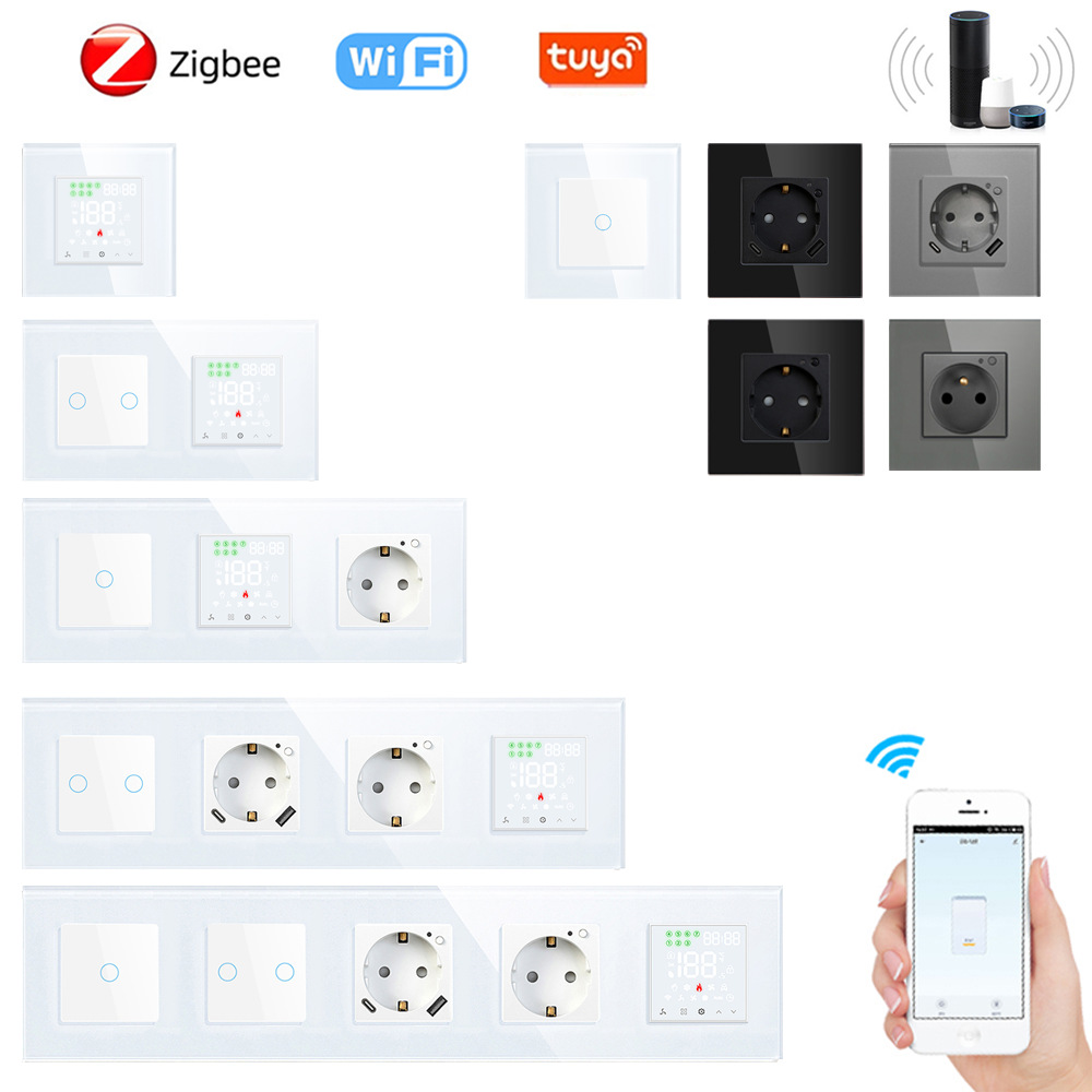 外贸86型温控开关玻璃触摸WiFi欧标涂鸦智能ZigBee智能空调温度