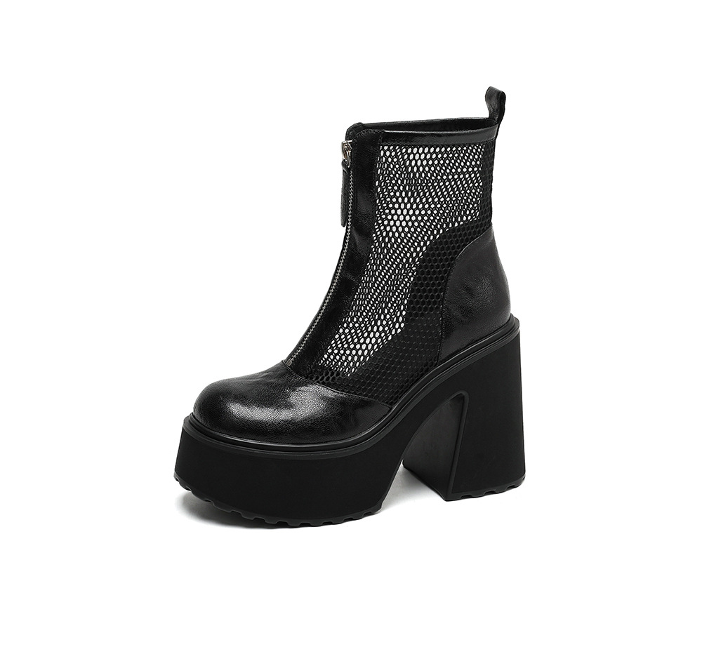 Boot nữ đế dày cao gót lưới thoáng khí kéo khóa trước phong cách combat — màu đen chi tiết 23
