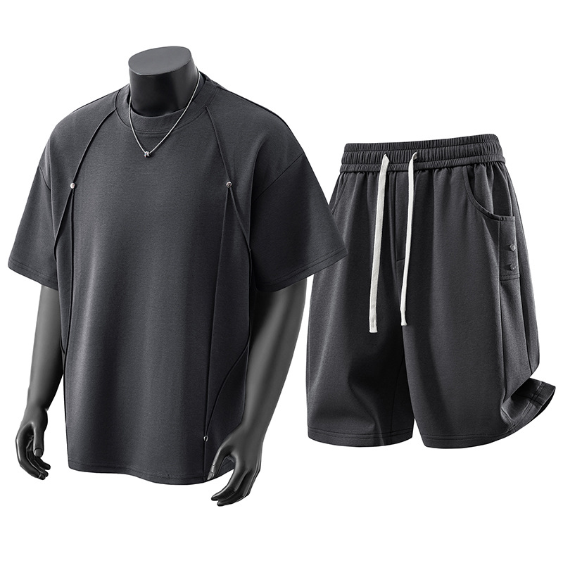 Men's Short Sleeved Suit Cleanfit Crew Neck T-Shirt High Street Patchwork 3D Studs Premium Feel_viptrois.com