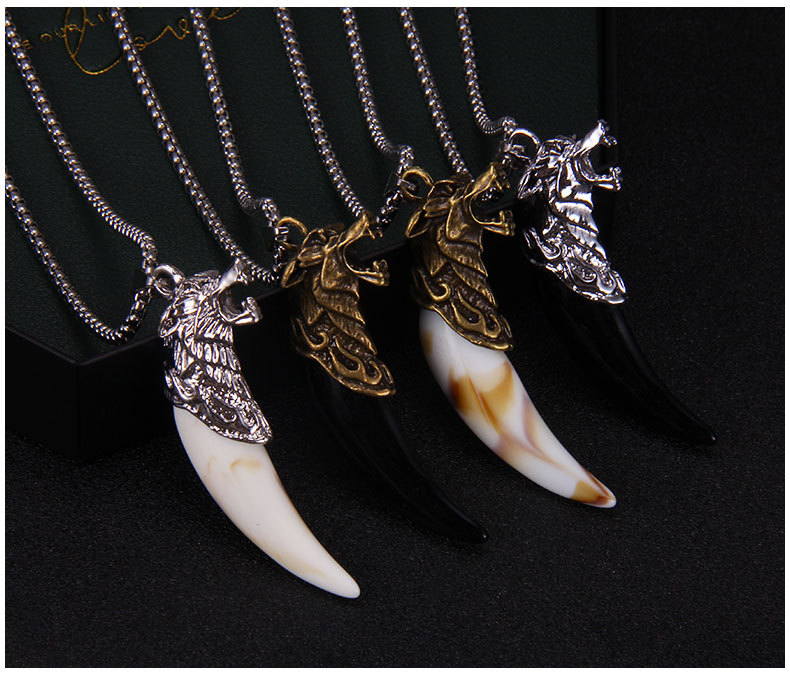 201 Stainless Steel Chain Material box chain Chain Type Ethnic Style Wolf Tooth Stainless Steel Alloy Inlay Acrylic Men'S Pendant Necklace